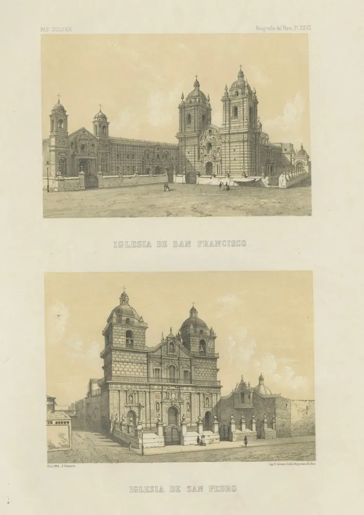 Pamono Lima Church of San Francisco and Church of San Pedro, 1865, Lithograph on Paper Sale