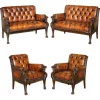 Pamono Lion Hand Carved Brown Leather Chesterfield Sofa Armchair Suite, 1880s, Set of 4 Clearance