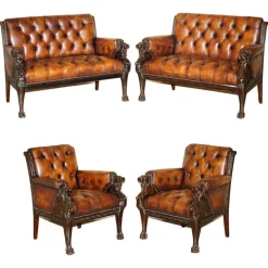 Pamono Lion Hand Carved Brown Leather Chesterfield Sofa Armchair Suite, 1880s, Set of 4 Clearance
