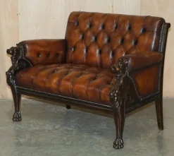 Pamono Lion Hand Carved Brown Leather Chesterfield Sofa Armchair Suite, 1880s, Set of 4 Clearance
