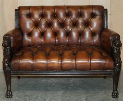 Pamono Lion Hand Carved Brown Leather Chesterfield Sofa Armchair Suite, 1880s, Set of 4 Clearance
