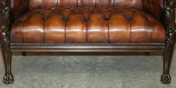 Pamono Lion Hand Carved Brown Leather Chesterfield Sofa Armchair Suite, 1880s, Set of 4 Clearance