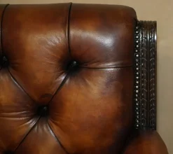 Pamono Lion Hand Carved Brown Leather Chesterfield Sofa Armchair Suite, 1880s, Set of 4 Clearance
