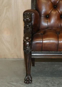Pamono Lion Hand Carved Brown Leather Chesterfield Sofa Armchair Suite, 1880s, Set of 4 Clearance