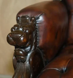 Pamono Lion Hand Carved Brown Leather Chesterfield Sofa Armchair Suite, 1880s, Set of 4 Clearance