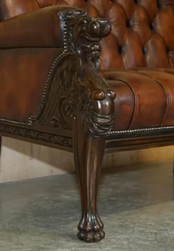 Pamono Lion Hand Carved Brown Leather Chesterfield Sofa Armchair Suite, 1880s, Set of 4 Clearance