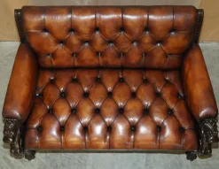 Pamono Lion Hand Carved Brown Leather Chesterfield Sofa Armchair Suite, 1880s, Set of 4 Clearance