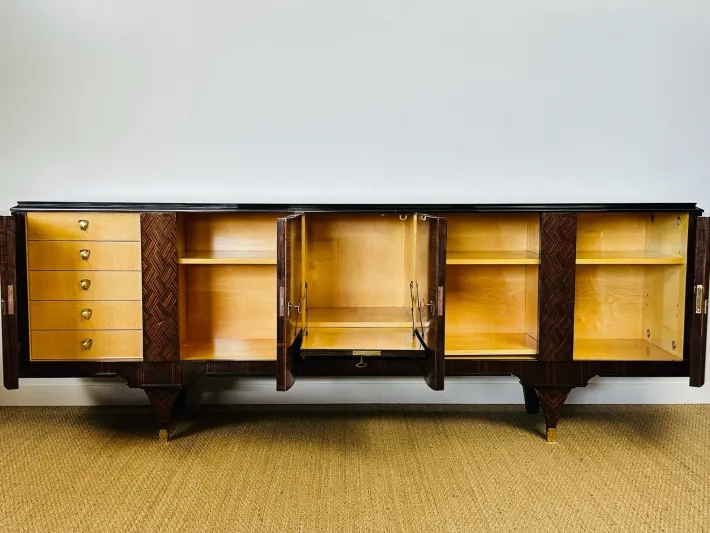 Pamono Long Art Deco Sideboard in Macassar and Zebrano by André Arbus, 1940 Online
