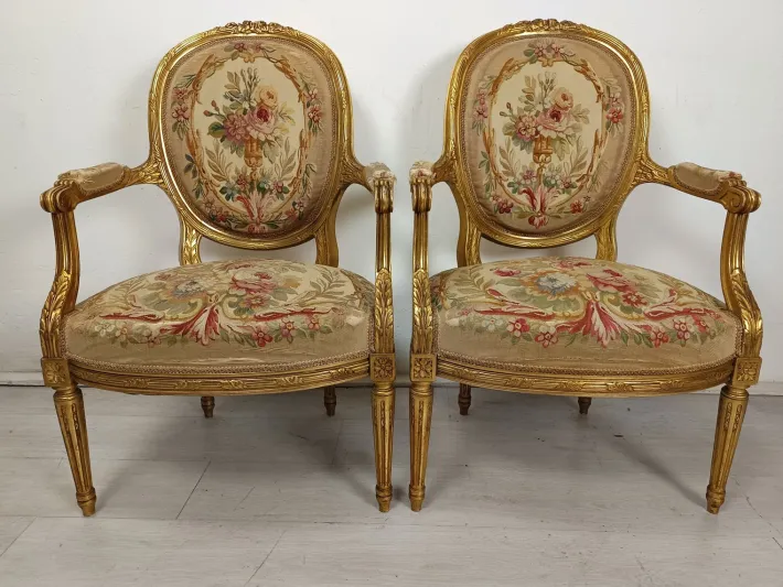 Pamono Louis XVI Gilded Wood Medallion Lounge Set, 1890s, Set of 5 Hot