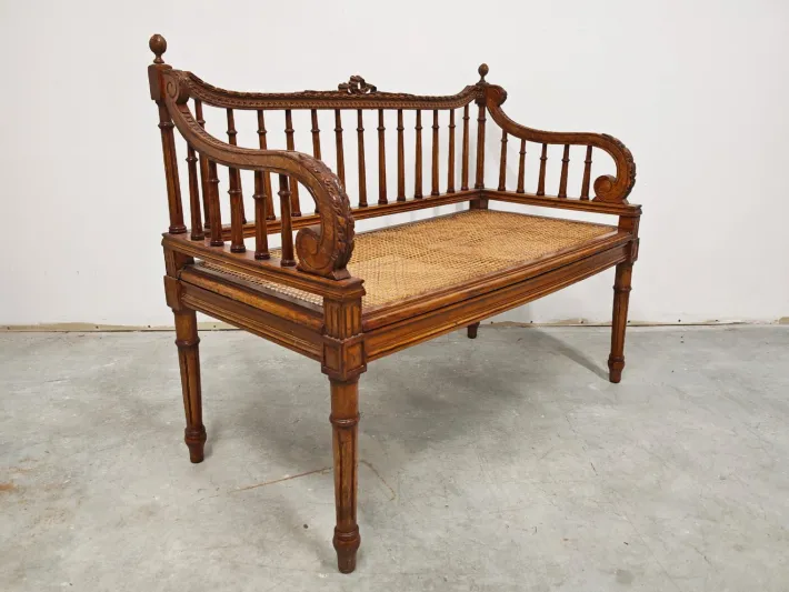 Pamono Louis XVI Hand-Carved Bench in style of with Hand-Woven Cane Seat Best
