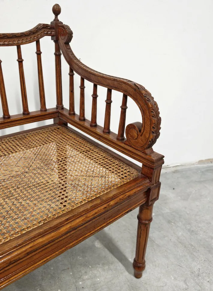 Pamono Louis XVI Hand-Carved Bench in style of with Hand-Woven Cane Seat Best