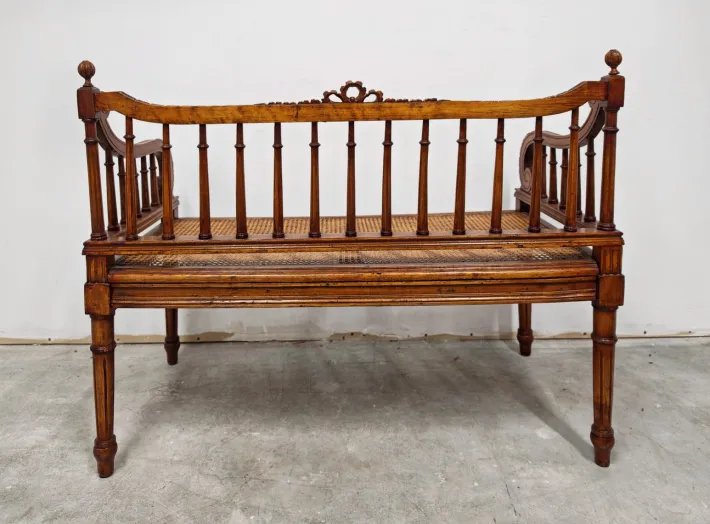Pamono Louis XVI Hand-Carved Bench in style of with Hand-Woven Cane Seat Best