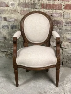 Pamono Louis XVI Style Carved Walnut Armchair with Beige Upholstery Sale