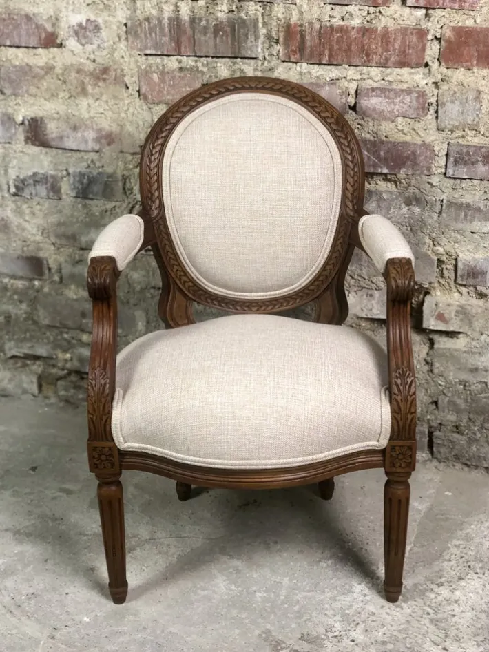 Pamono Louis XVI Style Carved Walnut Armchair with Beige Upholstery Sale
