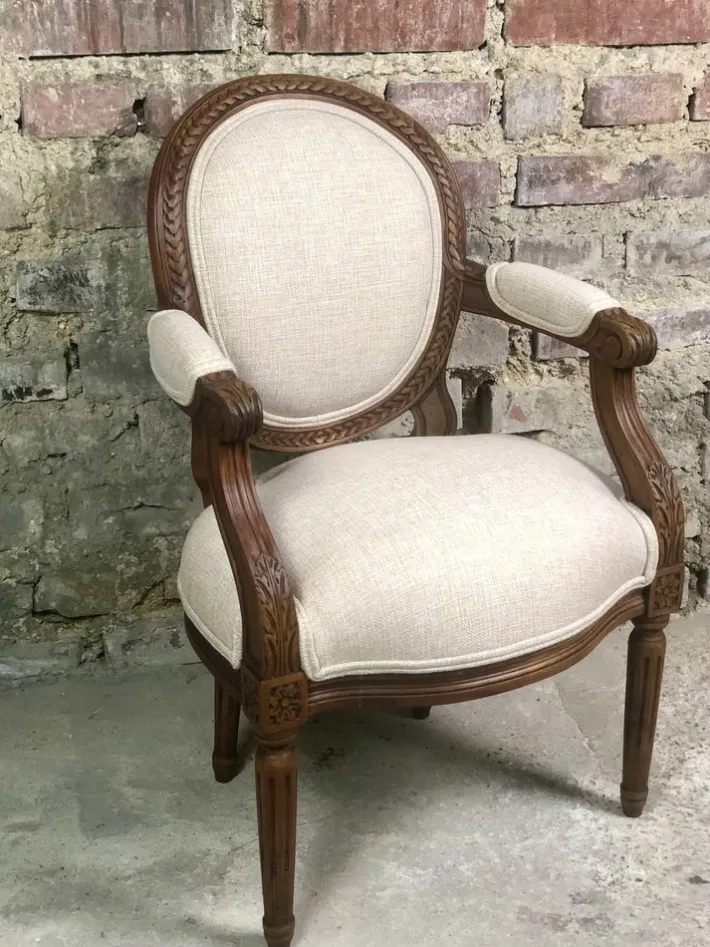 Pamono Louis XVI Style Carved Walnut Armchair with Beige Upholstery Sale