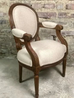 Pamono Louis XVI Style Carved Walnut Armchair with Beige Upholstery Sale
