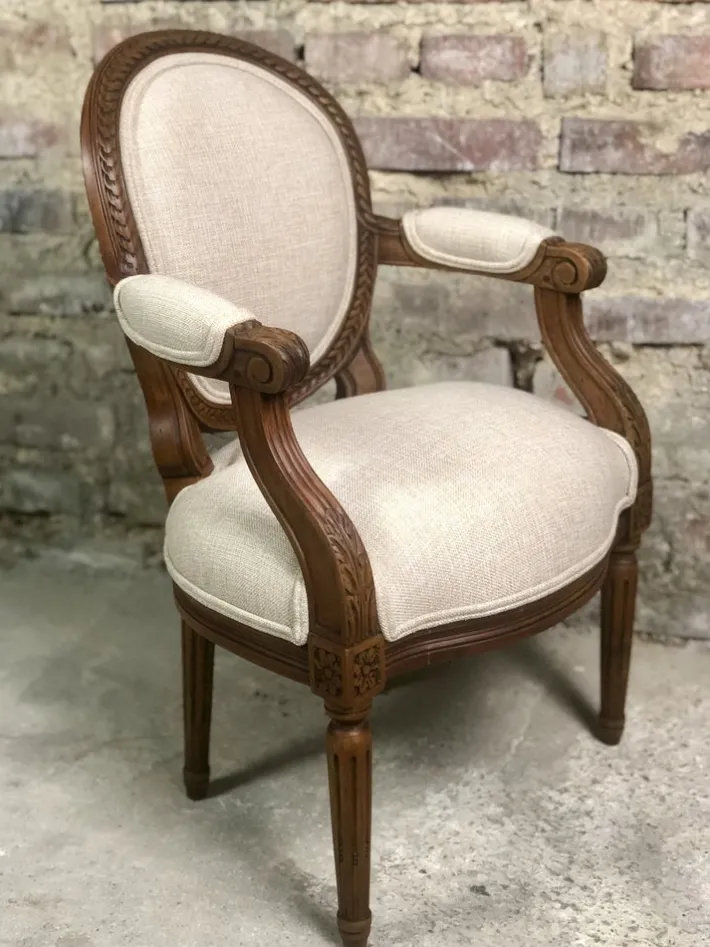 Pamono Louis XVI Style Carved Walnut Armchair with Beige Upholstery Sale