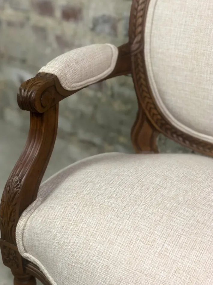 Pamono Louis XVI Style Carved Walnut Armchair with Beige Upholstery Sale