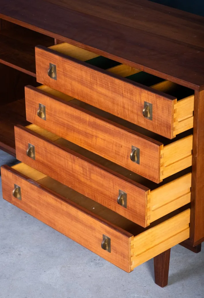 Pamono Low Teak Sideboard with Brass Handles by Peter Løvig Nielsen, 1960s