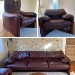 Pamono Maralunga Sofa and Armchairs in Burgundy Leather by Vico Magistretti for Cassina, 2000s, Set of 3 Clearance