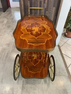 Pamono Marquetry 3-Wheeled Serving Trolley with Trays, 1950s
