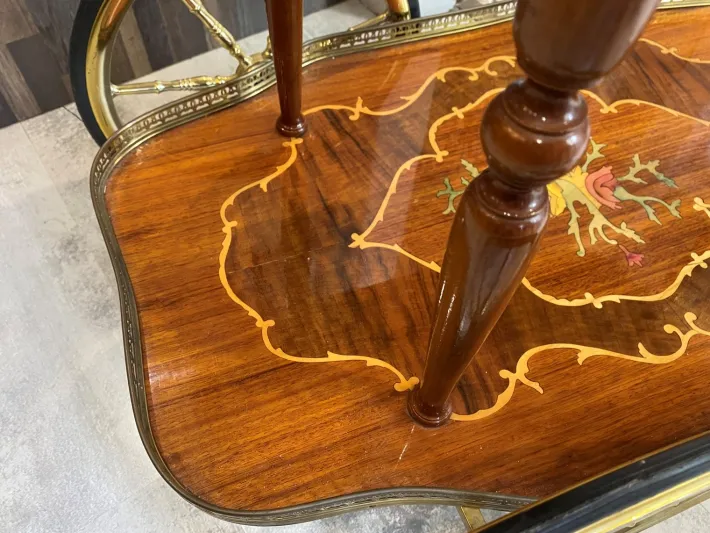Pamono Marquetry 3-Wheeled Serving Trolley with Trays, 1950s