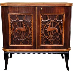 Pamono Mid-Century Art Deco Italian Forest Wildlife Carved Wood Dry Bar Cabinet, 1960s Sale