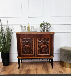 Pamono Mid-Century Art Deco Italian Forest Wildlife Carved Wood Dry Bar Cabinet, 1960s Sale