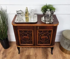 Pamono Mid-Century Art Deco Italian Forest Wildlife Carved Wood Dry Bar Cabinet, 1960s Sale