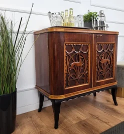 Pamono Mid-Century Art Deco Italian Forest Wildlife Carved Wood Dry Bar Cabinet, 1960s Sale