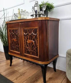 Pamono Mid-Century Art Deco Italian Forest Wildlife Carved Wood Dry Bar Cabinet, 1960s Sale