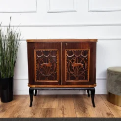 Pamono Mid-Century Art Deco Italian Forest Wildlife Carved Wood Dry Bar Cabinet, 1960s Sale