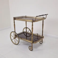Pamono Mid-Century Bar Trolley with Wood and Brass, France, 1950s
