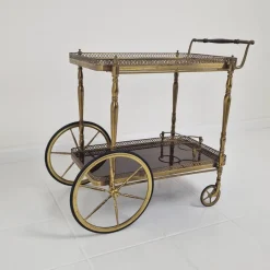 Pamono Mid-Century Bar Trolley with Wood and Brass, France, 1950s