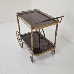 Pamono Mid-Century Bar Trolley with Wood and Brass, France, 1950s