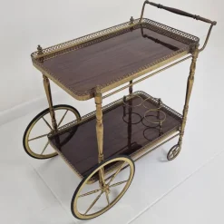 Pamono Mid-Century Bar Trolley with Wood and Brass, France, 1950s