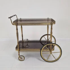 Pamono Mid-Century Bar Trolley with Wood and Brass, France, 1950s
