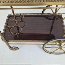 Pamono Mid-Century Bar Trolley with Wood and Brass, France, 1950s
