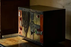 Pamono Mid-Century Cabinet in Brass, Metal, Enamel and Gemstones, Belgium, 1960s Best