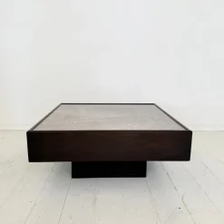 Pamono Mid-Century Coffee Table in Dark Oak with Etched Metal Top attributed to Lilienthal, 1970s Clearance