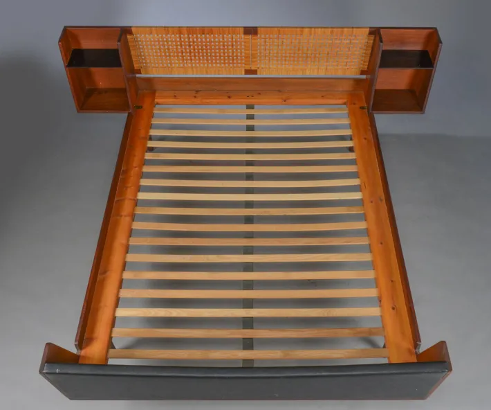 Pamono Mid-Century Danish Teak Double Bed with Cane Headboard by Hans J. Wegner for Getama, 1960s Hot
