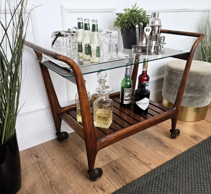 Pamono Mid-Century Italian Art Deco Style Wood and Brass Dry Bar Cart by Paolo Buffa, 1950s Online