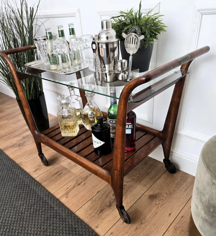 Pamono Mid-Century Italian Art Deco Style Wood and Brass Dry Bar Cart by Paolo Buffa, 1950s Online