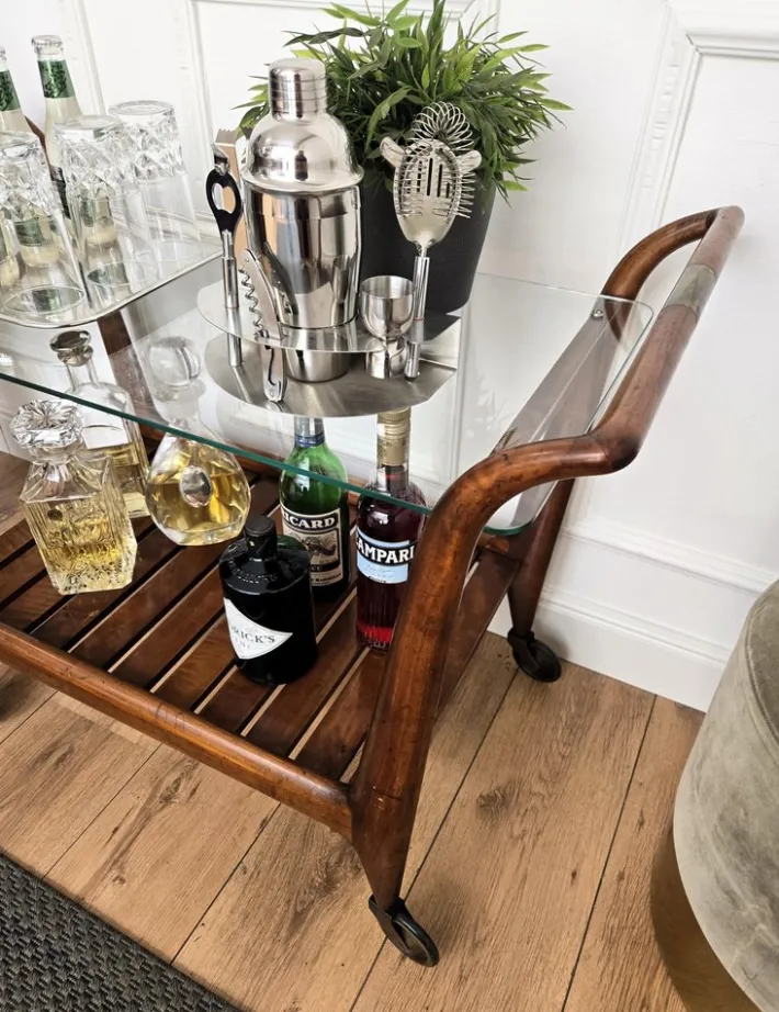 Pamono Mid-Century Italian Art Deco Style Wood and Brass Dry Bar Cart by Paolo Buffa, 1950s Online