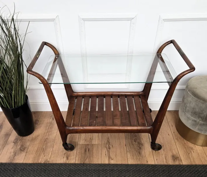 Pamono Mid-Century Italian Art Deco Style Wood and Brass Dry Bar Cart by Paolo Buffa, 1950s Online