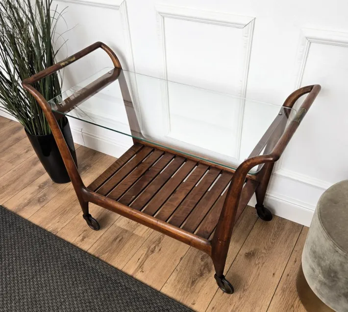Pamono Mid-Century Italian Art Deco Style Wood and Brass Dry Bar Cart by Paolo Buffa, 1950s Online