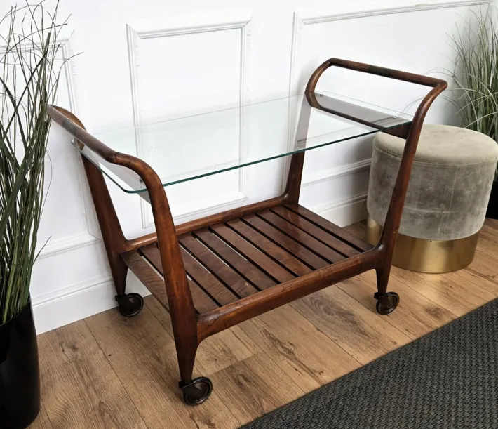 Pamono Mid-Century Italian Art Deco Style Wood and Brass Dry Bar Cart by Paolo Buffa, 1950s Online