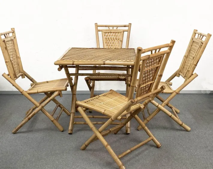 Pamono Mid-Century Italian Bamboo and Rattan Foldable Table and Four Chairs, 1960s, Set of 5 Discount