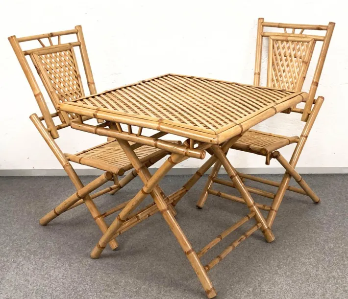 Pamono Mid-Century Italian Bamboo and Rattan Foldable Table and Four Chairs, 1960s, Set of 5 Discount