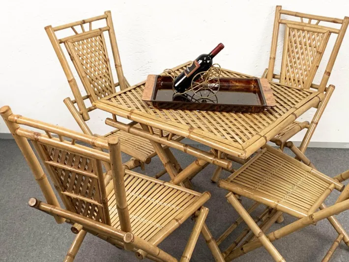 Pamono Mid-Century Italian Bamboo and Rattan Foldable Table and Four Chairs, 1960s, Set of 5 Discount